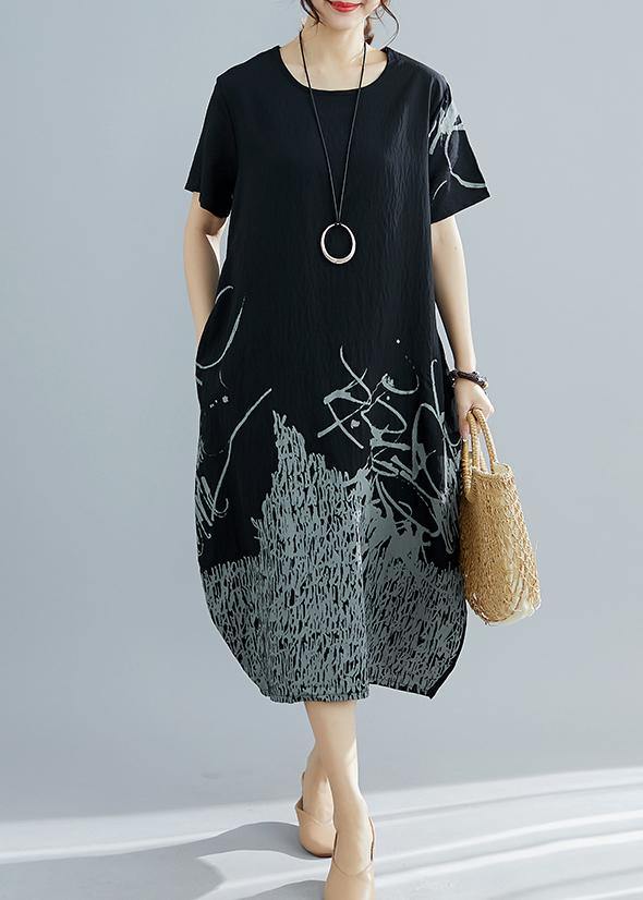 Natural black print cotton clothes For Women plus size Shape o neck Dresses Summer Dress - SooLinen