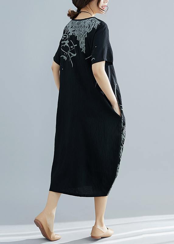 Natural black print cotton clothes For Women plus size Shape o neck Dresses Summer Dress - SooLinen
