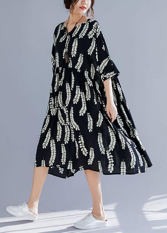 Natural black prints cotton Tunics v neck A Line summer Dresses - SooLinen