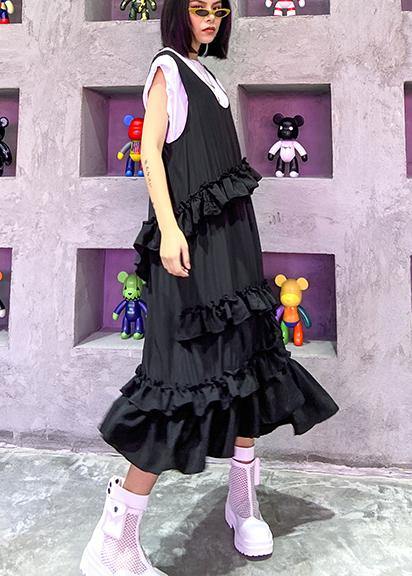 Natural black sleeveless cotton quilting dresses ruffles Art summer side open Dress - SooLinen