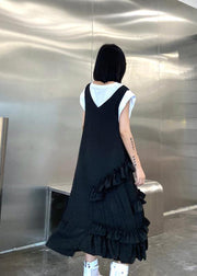Natural black sleeveless cotton quilting dresses ruffles Art summer side open Dress - SooLinen