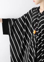 Natural black striped tunics for women v neck asymmetric loose Dress - SooLinen