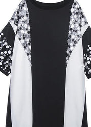Natural black white patchwork cotton clothes Sequined Plus Size Clothing summer tops - SooLinen