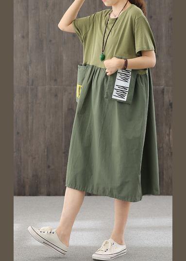Natural blackish green dress o neck patchwork Dress - SooLinen
