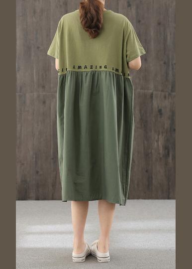 Natural blackish green dress o neck patchwork Dress - SooLinen