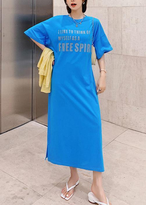 Natural blue Letter clothes Women o neck side open long Dress - SooLinen