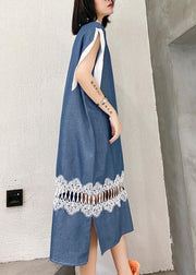 Natural blue cotton Wardrobes lapel patchwork lace Maxi Dresses - SooLinen