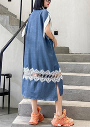 Natural blue cotton Wardrobes lapel patchwork lace Maxi Dresses - SooLinen