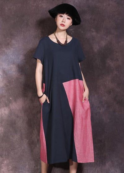 Natural blue o neck linen outfit patchwork color Maxi summer Dresses - SooLinen