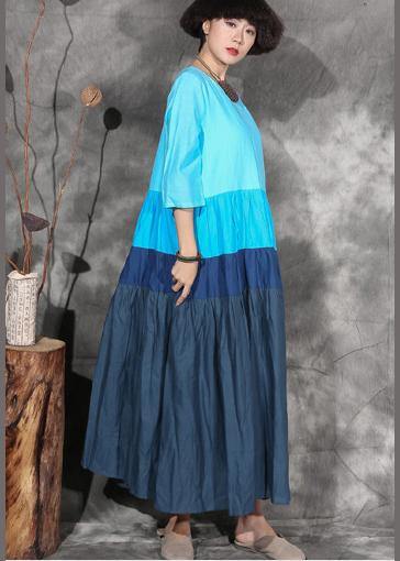 Natural blue patchwork cotton linen clothes big hem Plus Size Clothing summer Dresses - SooLinen