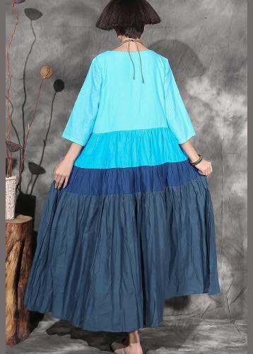 Natural blue patchwork cotton linen clothes big hem Plus Size Clothing summer Dresses - SooLinen
