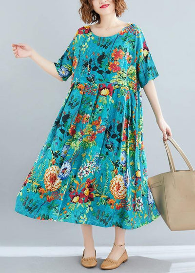 Natural blue print dresses o neck Cinched robes summer Dress - SooLinen