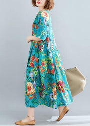Natural blue print dresses o neck Cinched robes summer Dress - SooLinen