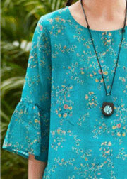 Natural blue print linen clothes o neck flare sleeve Midi summer Dress - SooLinen