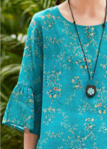 Natural blue print linen clothes o neck flare sleeve Midi summer Dress - SooLinen