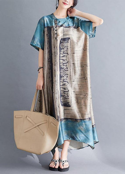 Natural blue prints chiffon tunic top stand collar Dresses summer Dress - SooLinen