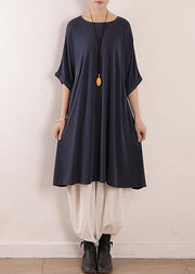 Natural blue short sleeve Silk Tunics o neck Art Dress - SooLinen