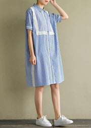 Natural blue striped Cotton for women lapel lantern sleeve cotton summer Dress - SooLinen