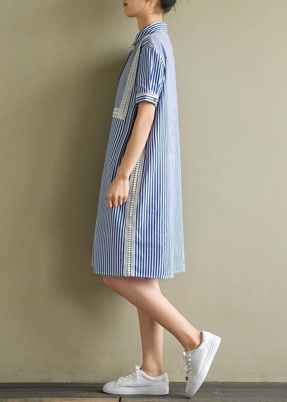 Natural blue striped Cotton for women lapel lantern sleeve cotton summer Dress - SooLinen