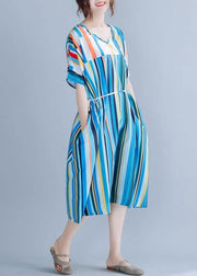 Natural blue striped chiffon dress long plus size Online Shopping v neck patchwork Summer Dress - SooLinen