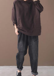 Natural brown cotton crane tops winter tunic hooded top - SooLinen