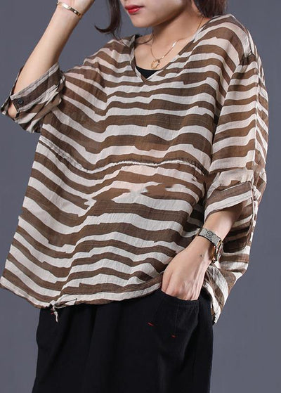 Natural brown striped v neck cotton Long Shirts drawstring hem baggy summer blouses - SooLinen