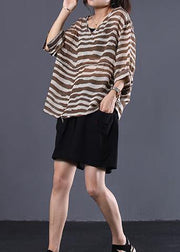 Natural brown striped v neck cotton Long Shirts drawstring hem baggy summer blouses - SooLinen