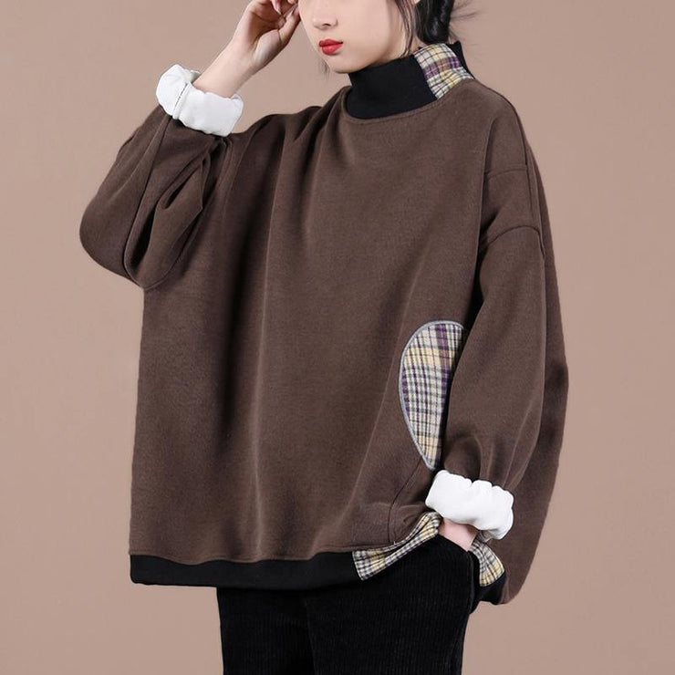 Natural chocolate patchwork plaid clothes For Women high neck oversized spring shirt - SooLinen