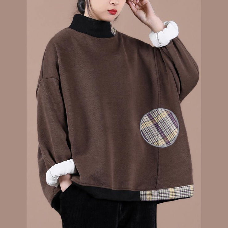 Natural chocolate patchwork plaid clothes For Women high neck oversized spring shirt - SooLinen