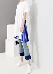 Natural cotton tunic top Casual Cotton Spliced Striped Short Sleeve Blouse - SooLinen