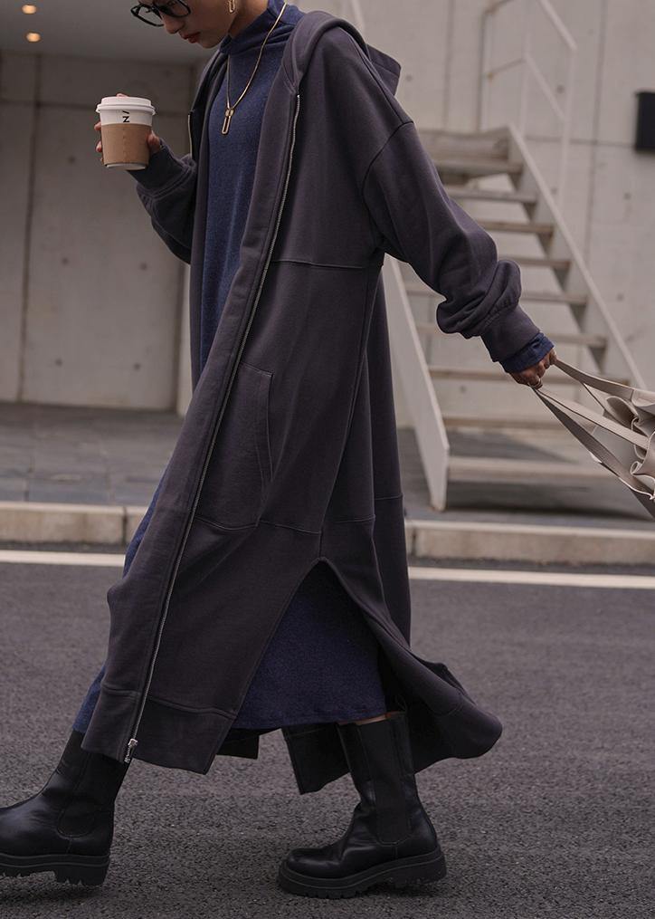Natural dark gray  tunic coat hooded side open  women coats - SooLinen