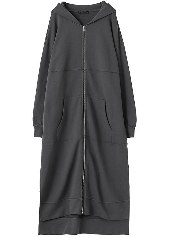 Natural dark gray  tunic coat hooded side open  women coats - SooLinen