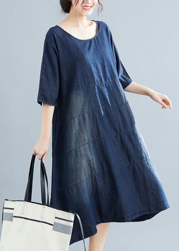 Natural denim blue Cotton outfit 18th Century Catwalk o neck Midi Summer Dresses - SooLinen