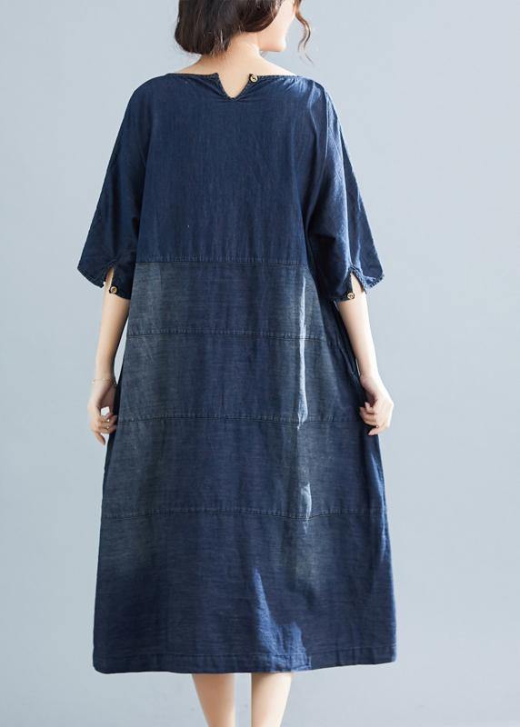 Natural denim blue Cotton outfit 18th Century Catwalk o neck Midi Summer Dresses - SooLinen