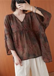 Natural floral clothes For Women v neck asymmetric summer blouses - SooLinen