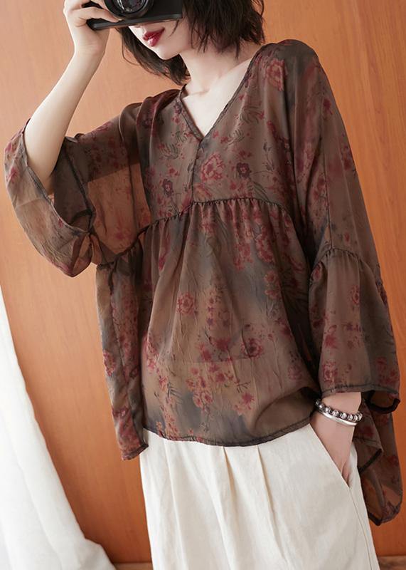 Natural floral clothes For Women v neck asymmetric summer blouses - SooLinen
