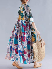 Natural floral cotton clothes Women o neck Cinched Maxi Dress - SooLinen