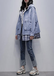 Natural gray blue patchwork plaid Fine trench coat Shirts hooded pockets outwears - SooLinen