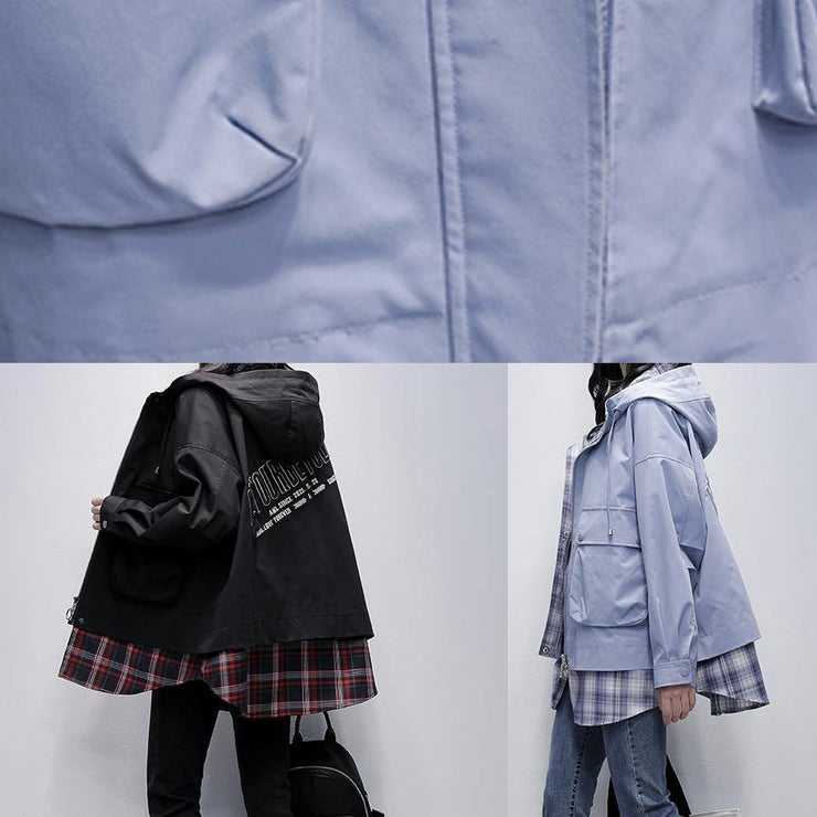 Natural gray blue patchwork plaid Fine trench coat Shirts hooded pockets outwears - SooLinen