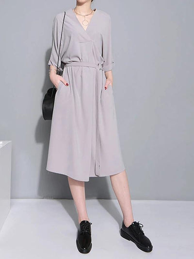 Natural gray cotton quilting clothes v neck tie waist loose Dresses - SooLinen