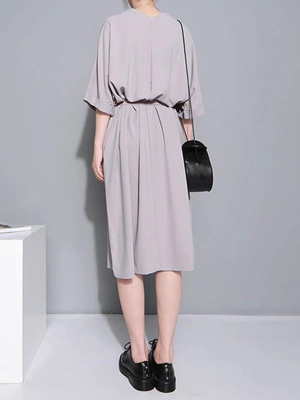 Natural gray cotton quilting clothes v neck tie waist loose Dresses - SooLinen
