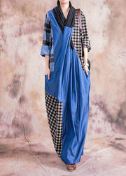 Natural gray plaid linen cotton dress v neck Cinched long fall Dress - SooLinen