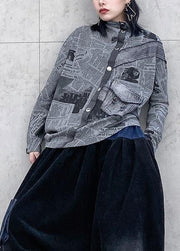 Natural gray prints cotton clothes asymmetric Midi half high neck top - SooLinen
