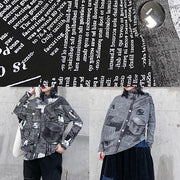 Natural gray prints cotton clothes asymmetric Midi half high neck top - SooLinen