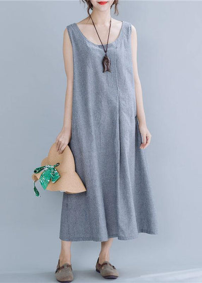 Natural gray striped linen cotton quilting clothes o neck sleeveless Maxi summer Dress - SooLinen