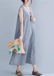 Natural gray striped linen cotton quilting clothes o neck sleeveless Maxi summer Dress - SooLinen