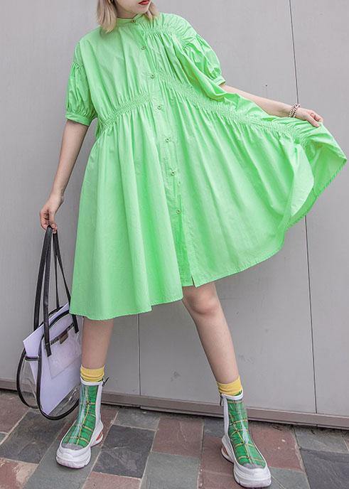 Natural green Cotton quilting clothes Cinched Midi summer shirt Dresses - SooLinen