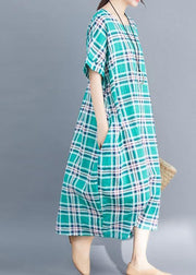 Natural green cotton clothes 2019 Sleeve plaid Plus Size Clothing summer Dress - SooLinen