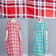 Natural green cotton clothes 2019 Sleeve plaid Plus Size Clothing summer Dress - SooLinen