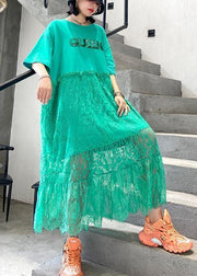 Natural green cotton clothes Women o neck patchwork lace Maxi Dresses - SooLinen